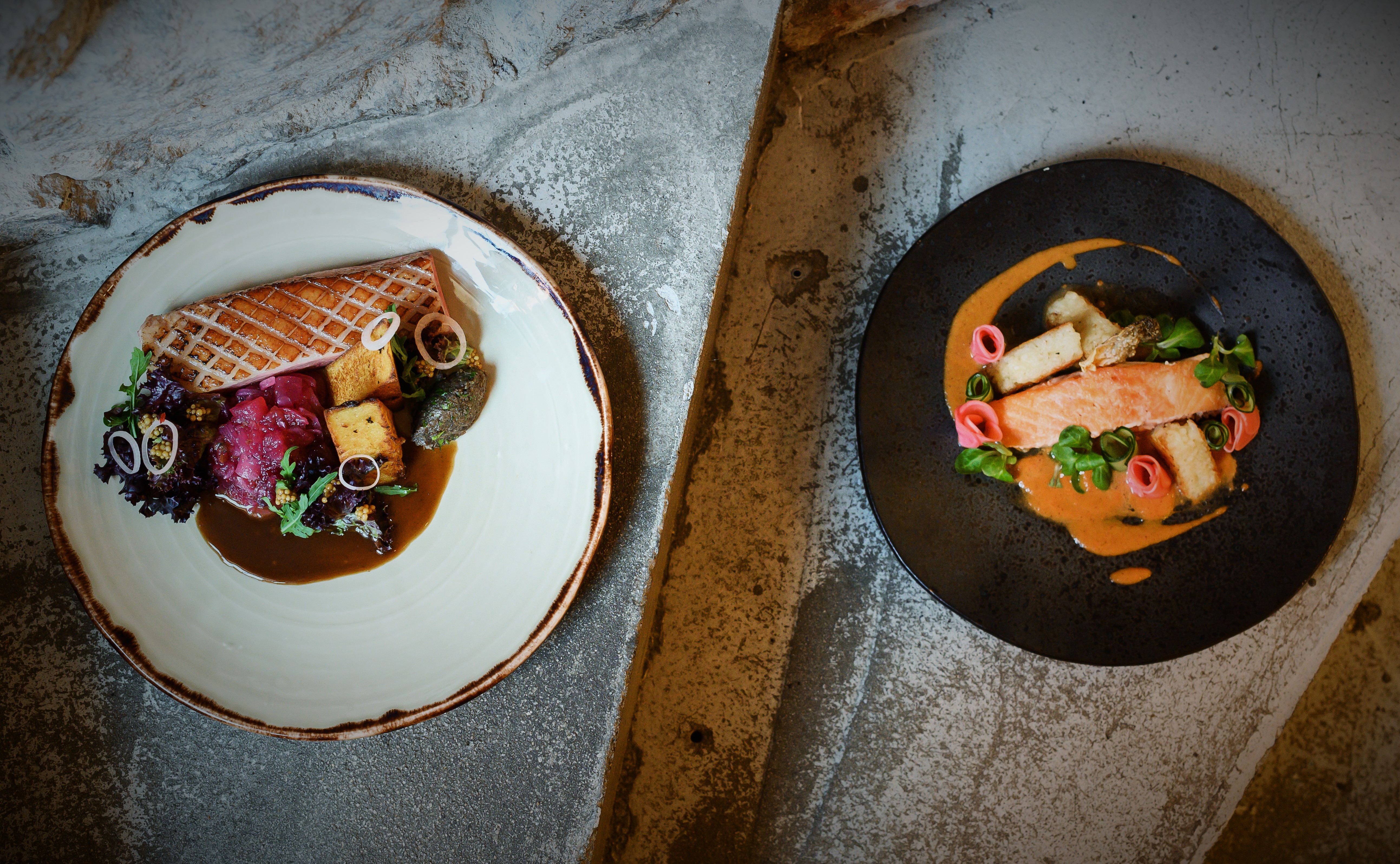 Duck and salmon dish from the creative cuisine of Tams House